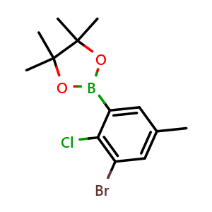 Chemical structure of 2-(3-Bromo-2-chloro-5-methylphenyl)-4,4,5,5-tetramethyl-1,3,2-dioxaborolane , AChemBlock T97608