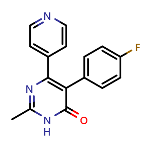 Chemical structure of 5-(4-fluorophenyl)-2-methyl-4-(4-pyridyl)-1H-pyrimidin-6-one , CAS 208652-74-8, AChemBlock T97738