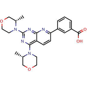 Chemical structure of 3-[2,4-bis[(3S)-3-methylmorpholin-4-yl]pyrido[2,3-d]pyrimidin-7-yl]benzoic acid , CAS 1009298-69-4, AChemBlock T97743