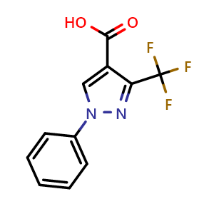Chemical structure of 3-(trifluoromethyl)-1-phenyl-1H-pyrazole-4-carboxylic acid , CAS 142818-01-7, AChemBlock T97797