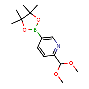 Chemical structure of 2-(dimethoxymethyl)-5-(4,4,5,5-tetramethyl-1,3,2-dioxaborolan-2-yl)pyridine , CAS 1150632-93-1, AChemBlock T97800