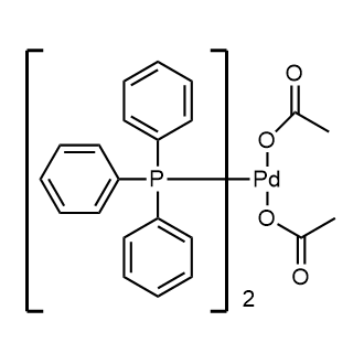 Chemical structure of diacetoxybis(triphenyl-lambda5-phosphanyl)palladium , CAS 14588-08-0, AChemBlock T97926