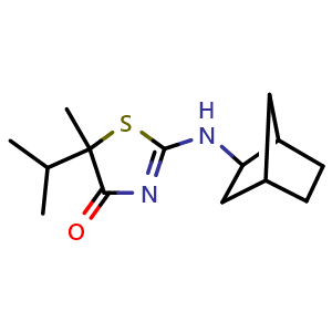 Chemical structure of 2-(bicyclo[2.2.1]heptan-2-ylamino)-5-isopropyl-5-methylthiazol-4(5H)-one , CAS 870708-16-0, AChemBlock T97996