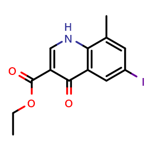 Chemical structure of Ethyl 1,4-dihydro-6-iodo-8-methyl-4-oxoquinoline-3-carboxylate , CAS 951006-39-6, AChemBlock T98011