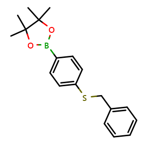 Chemical structure of 2-(4-(benzylthio)phenyl)-4,4,5,5-tetramethyl-1,3,2-dioxaborolane , CAS 1029438-24-1, AChemBlock T98084