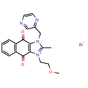 Chemical structure of 3-(2-methoxyethyl)-2-methyl-4,9-dioxo-1-(pyrazin-2-ylmethyl)-4,9-dihydro-1H-naphtho[2,3-d]imidazol-3-ium bromide , CAS 781661-94-7, AChemBlock T98095