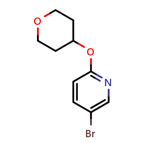 Chemical structure of 5-bromo-2-(tetrahydro-2H-pyran-4-yloxy)pyridine , CAS 494772-07-5, AChemBlock T98165