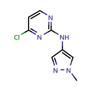 Chemical structure of 4-chloro-N-(1-methyl-1H-pyrazol-4-yl)pyrimidin-2-amine , CAS 1462286-01-6, AChemBlock T98181