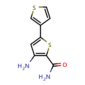Chemical structure of 3-amino-5-(thiophen-3-yl)thiophene-2-carboxamide , CAS 354812-17-2, AChemBlock T98245