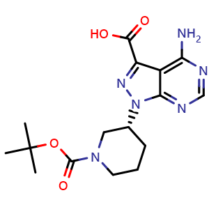Chemical structure of 4-amino-1-[(3R)-1-[(tert-butoxy)carbonyl]piperidin-3-yl]-1H-pyrazolo[3,4-d]pyrimidine-3-carboxylic acid , CAS 1654728-11-6, AChemBlock T98279