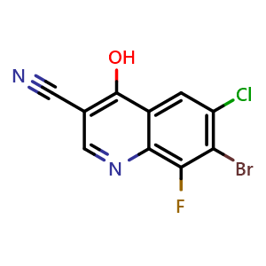 Chemical structure of 7-bromo-6-chloro-8-fluoro-4-hydroxyquinoline-3-carbonitrile , CAS 2253652-91-2, AChemBlock T98321