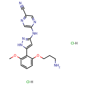 Chemical structure of 5-(5-(2-(3-aminopropoxy)-6-methoxyphenyl)-1H-pyrazol-3-ylamino)pyrazine-2-carbonitrile dihydrochloride , CAS 1234015-54-3, AChemBlock T98335