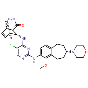 Chemical structure of (1S,2S,3R,4R)-3-[5-chloro-2-((S)-1-methoxy-7-morpholin-4-yl-6,7,8,9-tetrahydro-5H-benzo[a]cyclohepten-2-ylamino)pyrimidin-4-ylamino]bicyclo[2.2.1]hept-5-ene-2-carboxylic acid amide , CAS 1022958-60-6, AChemBlock T98337