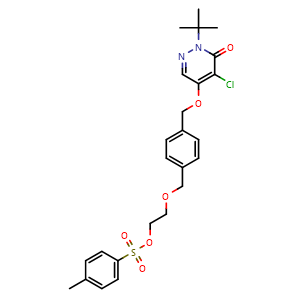 Chemical structure of 2-((4-(((1-(tert-butyl)-5-chloro-6-oxo-1,6-dihydropyridazin-4-yl)oxy)methyl)benzyl)oxy)ethyl 4-methylbenzenesulfonate , CAS 863888-32-8, AChemBlock T98383
