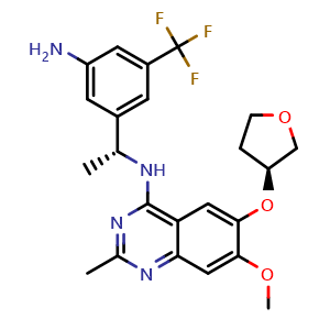 Chemical structure of N-[(1R)-1-[3-amino-5-(trifluoromethyl)phenyl]ethyl]-7-methoxy-2-methyl-6-[(3S)-tetrahydrofuran-3-yl]oxy-quinazolin-4-amine , CAS 2230836-55-0, AChemBlock T98384