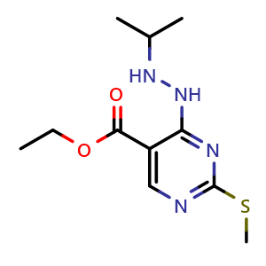 Chemical structure of ethyl 4-(2-isopropylhydrazinyl)-2-(methylthio)pyrimidine-5-carboxylate , CAS 955368-92-0, AChemBlock T98385