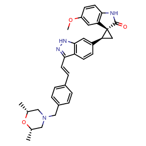 Chemical structure of (1R,3S)-3-{3-[(E)-2-(4-{[(2R,6S)-2,6-dimethylmorpholin-4-yl]methyl}phenyl)ethenyl]-1H-indazol-6-yl}-5'-methoxy-1',2'-dihydrospiro[cyclopropane-1,3'-indol]-2'-one , CAS 1338806-73-7, AChemBlock T98406