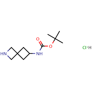 Chemical structure of (2-Aza-spiro[3.3]hept-6-yl)-carbamic acid tert-butyl ester hydrochloride , CAS 1956355-97-7, AChemBlock T98409