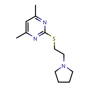 Chemical structure of 4,6-dimethyl-2-(2-(pyrrolidin-1-yl)ethylthio)pyrimidine , CAS 313231-56-0, AChemBlock T98413