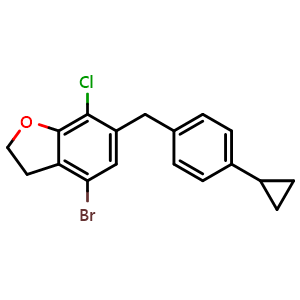 Chemical structure of 4-Bromo-7-chloro-6-(4-cyclopropylbenzyl)-2,3-dihydrobenzofuran , CAS 1415477-23-4, AChemBlock T98432