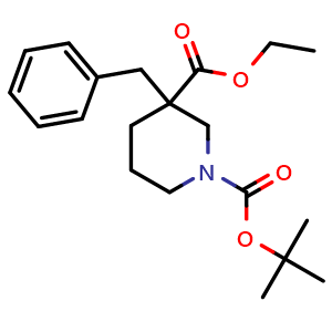 Chemical structure of 1-tert-Butyl 3-ethyl 3-benzylpiperidine-1,3-dicarboxylate , CAS 170842-80-5, AChemBlock T98501