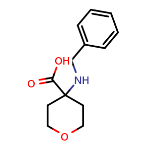 Chemical structure of 4-(benzylamino)tetrahydropyran-4-carboxylic acid , CAS 939761-30-5, AChemBlock T98637