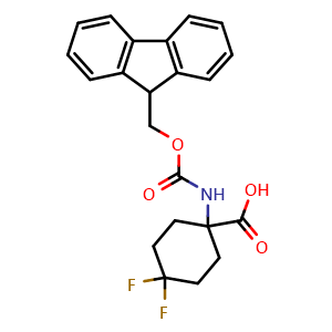 Chemical structure of 1-(9H-fluoren-9-ylmethoxycarbonylamino)-4,4-difluoro-cyclohexanecarboxylic acid , CAS 1986905-26-3, AChemBlock T98671