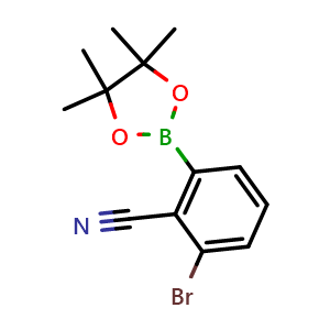 Chemical structure of 2-bromo-6-(4,4,5,5-tetramethyl-1,3,2-dioxaborolan-2-yl)benzonitrile , CAS 883899-07-8, AChemBlock T98777