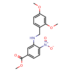 Chemical structure of methyl 3-(2,4-dimethoxybenzylamino)-4-nitrobenzoate , CAS 2411641-31-9, AChemBlock T98851