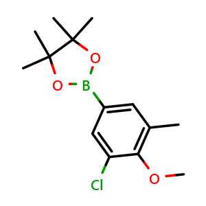 Chemical structure of 2-(3-chloro-4-methoxy-5-methylphenyl)-4,4,5,5-tetramethyl-1,3,2-dioxaborolane , CAS 1801166-63-1, AChemBlock T98866