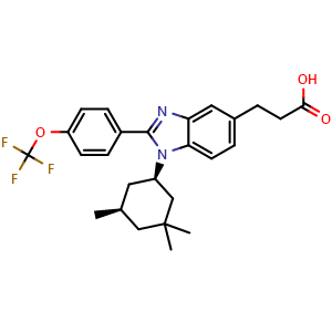 Chemical structure of 3-(2-(4-(trifluoromethoxy)phenyl)-1-((1R,5R)-3,3,5-trimethylcyclohexyl)-1H-benzo[d]imidazol-5-yl)propanoic acid , CAS 1803274-65-8, AChemBlock T98910