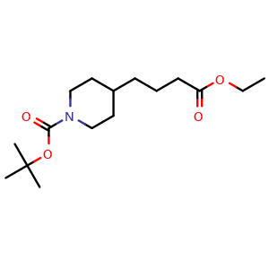 Chemical structure of tert-butyl 4-(3-(ethoxycarbonyl)propyl)piperidine-1-carboxylate , CAS 142247-37-8, AChemBlock T98929