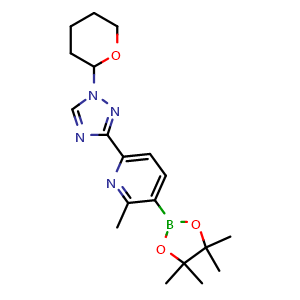 Chemical structure of 2-methyl-6-(1-(tetrahydro-2H-pyran-2-yl)-1H-1,2,4-triazol-3-yl)-3-(4,4,5,5-tetramethyl-1,3,2-dioxaborolan-2-yl)pyridine , CAS 1801602-33-4, AChemBlock T98978