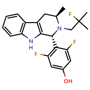 Chemical structure of 3,5-difluoro-4-((1R,3R)-2-(2-fluoro-2-methylpropyl)-3-methyl-2,3,4,9-tetrahydro-1H-pyrido[3,4-b]indol-1-yl)phenol , CAS 2173404-70-9, AChemBlock T98993
