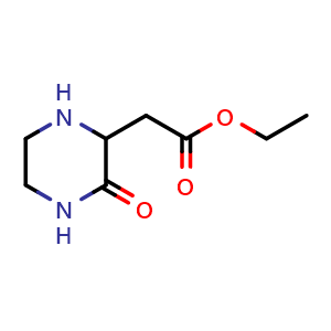 Chemical structure of Ethyl 2-(3-oxopiperazin-2-yl)acetate , CAS 33422-35-4, AChemBlock T99018