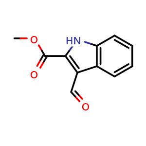 Chemical structure of Methyl 3-formyl-1H-indole-2-carboxylate , CAS 18450-26-5, AChemBlock T99097