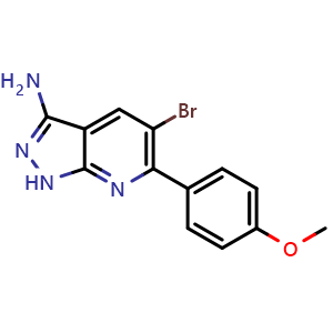 Chemical structure of 5-bromo-6-(4-methoxyphenyl)-1H-pyrazolo[3,4-b]pyridin-3-amine , CAS 583039-76-3, AChemBlock T99143