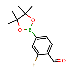 Chemical structure of 2-Fluoro-4-(4,4,5,5-tetramethyl-1,3,2-dioxaborolan-2-yl)benzaldehyde , CAS 503176-50-9, AChemBlock T99155