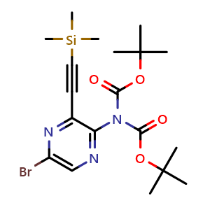 Chemical structure of di(tert-butyl) 5-bromo-3-[(trimethylsilyl)ethynyl]-2-pyrazinylimidodicarbonate , CAS 1225062-32-7, AChemBlock T99163