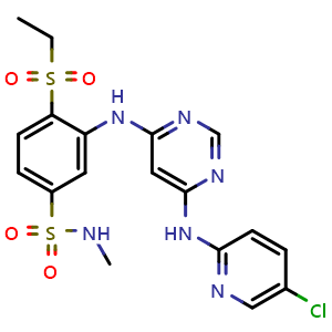 Chemical structure of 3-((6-((5-chloropyridin-2-yl)amino)pyrimidin-4-yl)amino)-4-(ethylsulfonyl)-N-methylbenzenesulfonamide , CAS 1316059-00-3, AChemBlock T99164