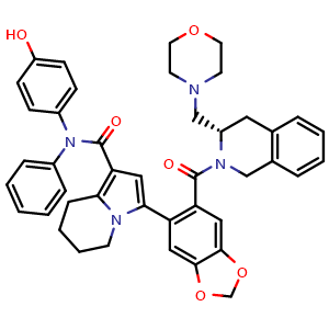 Chemical structure of (S)-N-(4-hydroxyphenyl)-3-(6-(3-(morpholinomethyl)-1,2,3,4-tetrahydroisoquinoline-2-carbonyl)benzo[d][1,3]dioxol-5-yl)-N-phenyl-5,6,7,8-tetrahydroindolizine-1-carboxamide , CAS 1448584-12-0, AChemBlock T99166