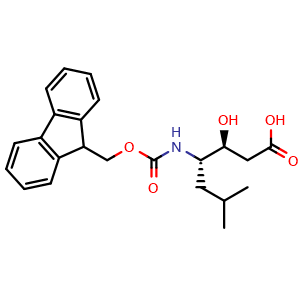 Chemical structure of (3S,4S)-4-((((9H-Fluoren-9-yl)methoxy)carbonyl)amino)-3-hydroxy-6-methylheptanoic acid , CAS 158257-40-0, AChemBlock T99213