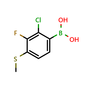 Chemical structure of 2-Chloro-3-fluoro-4-(methylthio)phenylboronic acid , AChemBlock T99265
