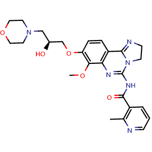Chemical structure of (S)-N-(8-(2-hydroxy-3-morpholinopropoxy)-7-methoxy-2,3-dihydroimidazo[1,2-c]quinazolin-5-yl)-2-methylnicotinamide , CAS 1375469-40-1, AChemBlock T99313