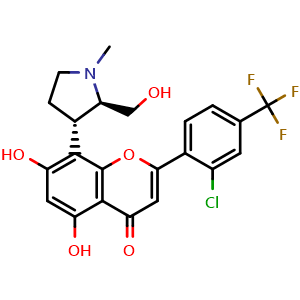 Chemical structure of 2-(2-chloro-4-(trifluoromethyl)phenyl)-5,7-dihydroxy-8-((2R,3S)-2-(hydroxymethyl)-1-methylpyrrolidin-3-yl)-4H-chromen-4-one , CAS 1000023-04-0, AChemBlock T99315