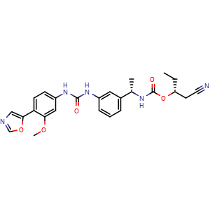 Chemical structure of (R)-1-cyanobutan-2-yl (S)-1-(3-(3-(3-methoxy-4-(oxazol-5-yl)phenyl)ureido)phenyl)ethylcarbamate , CAS 297730-17-7, AChemBlock T99316