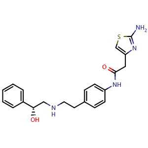 Chemical structure of (R)-2-(2-aminothiazol-4-yl)-N-(4-(2-(2-hydroxy-2-phenylethylamino)ethyl)phenyl)acetamide , CAS 223673-61-8, AChemBlock T99318