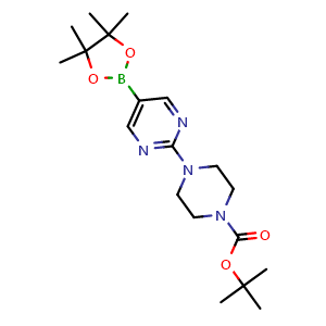 Chemical structure of tert-butyl 4-(5-(4,4,5,5-tetramethyl-1,3,2-dioxaborolan-2-yl)pyrimidin-2-yl)piperazine-1-carboxylate , CAS 940284-98-0, AChemBlock T99323
