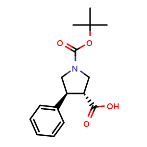 Chemical structure of (3R,4S)-1-(tert-butoxycarbonyl)-4-phenylpyrrolidine-3-carboxylic acid , CAS 956101-09-0, AChemBlock T99344