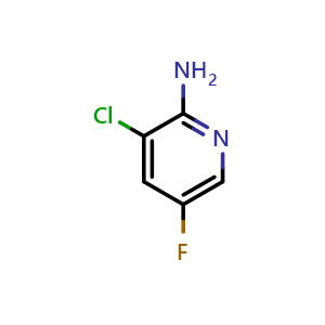 Chemical structure of 3-Chloro-5-fluoropyridin-2-amine , CAS 1214330-79-6, AChemBlock T99353